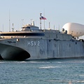 The High-Speed Vessel Swift (HSV-2) gets underway with a tethered TIF-25K Aerostat balloon in Key West, Fla., on April 24, 2013